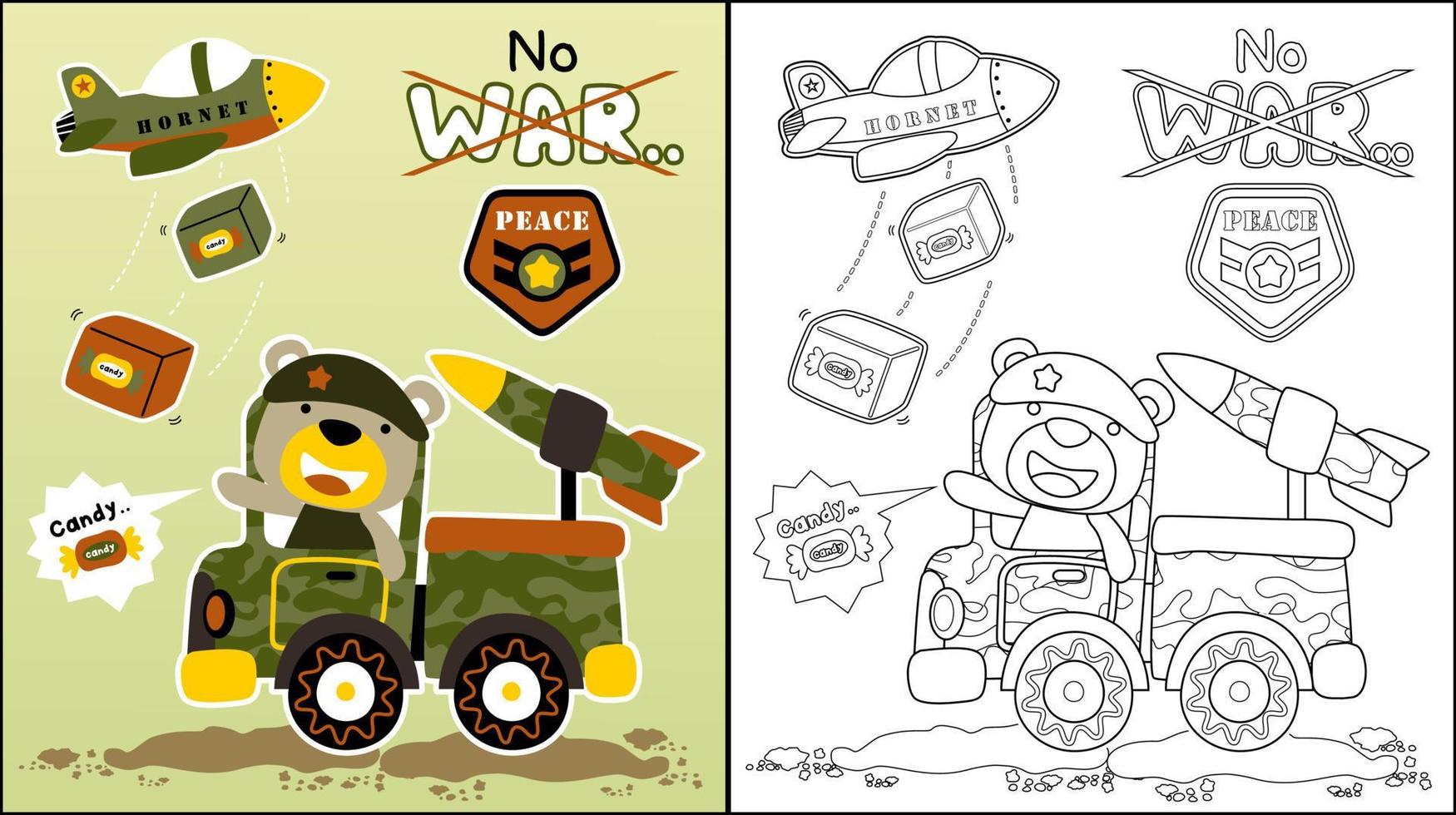 dessin animé vectoriel d'ours mignon sur un camion militaire avec missile, avion militaire laissant tomber une boîte à bonbons, pas de slogan de guerre, livre de coloriage ou page