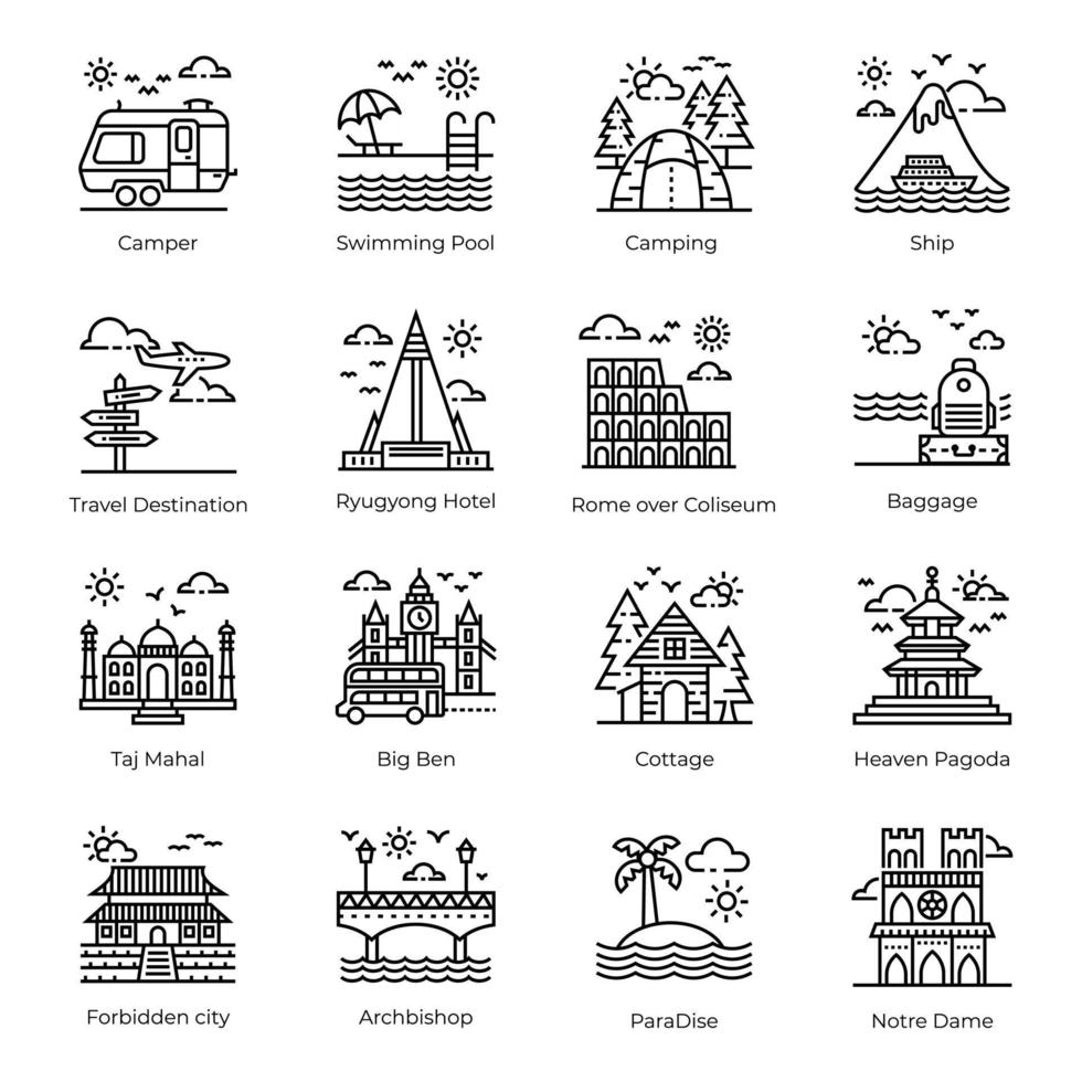 pack d'icônes linéaires de monuments vecteur