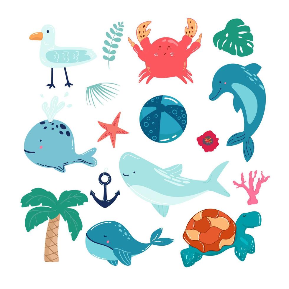 animaux marins de dessin animé. mignon poisson de mer, poulpe, requin et tortue, méduse, crabe et phoque. ensemble d'illustrations vectorielles de créatures de la faune sous-marine. vecteur