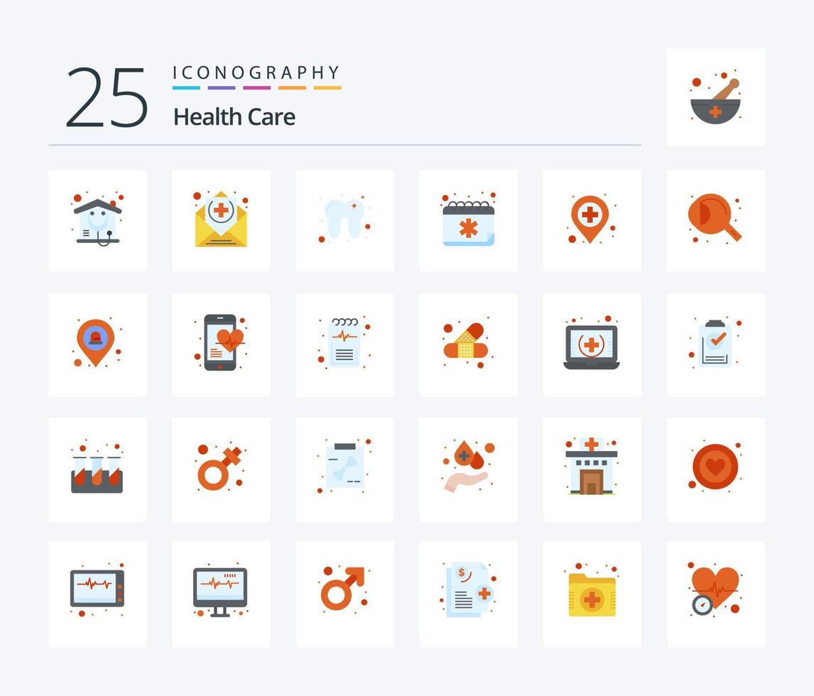 pack d'icônes de couleur plate de 25 soins de santé, y compris l'hôpital. calendrier. dentaire. livre. ordre du jour vecteur