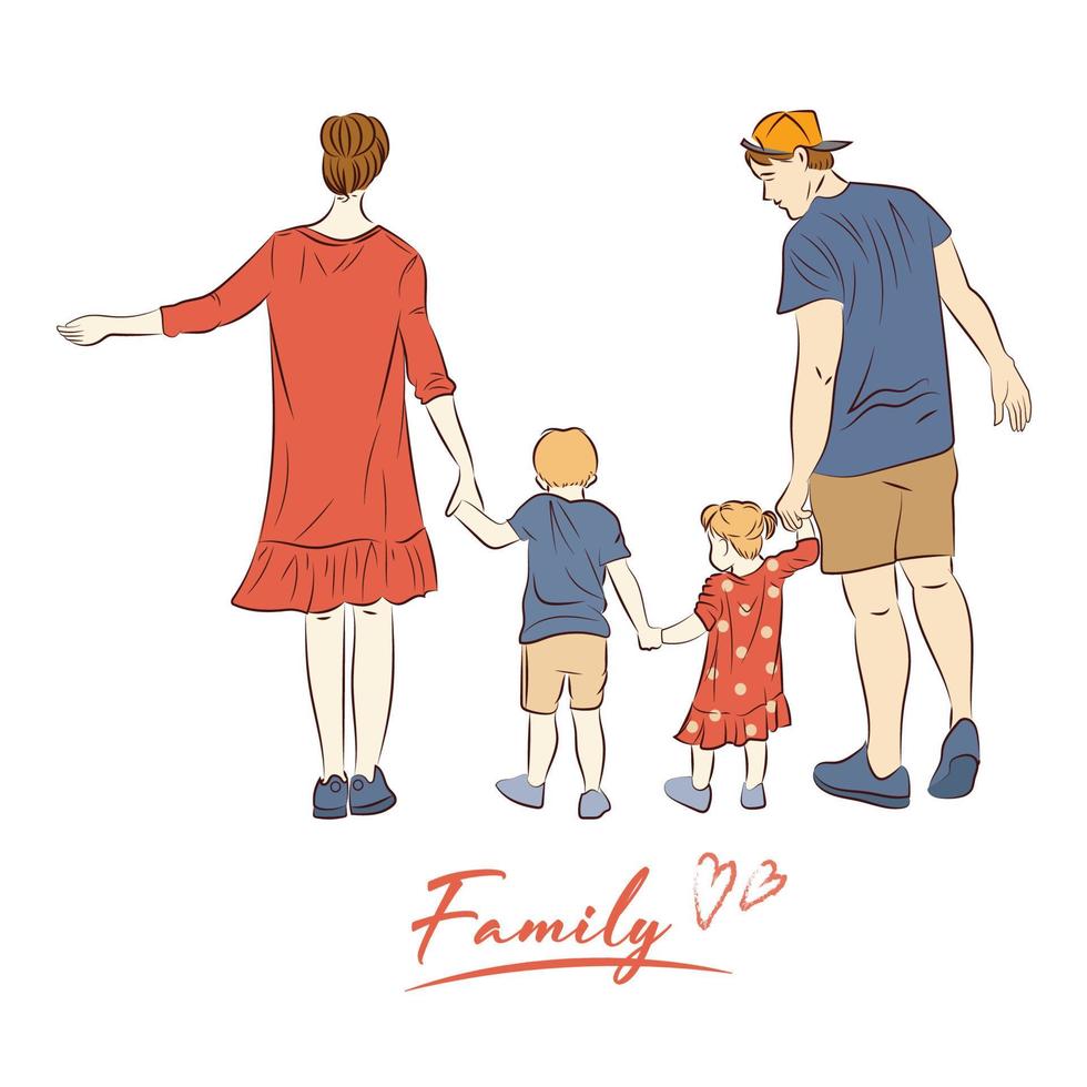 famille heureuse, main dans la main, marche, illustration, minimalisme, dessin trait, style vecteur