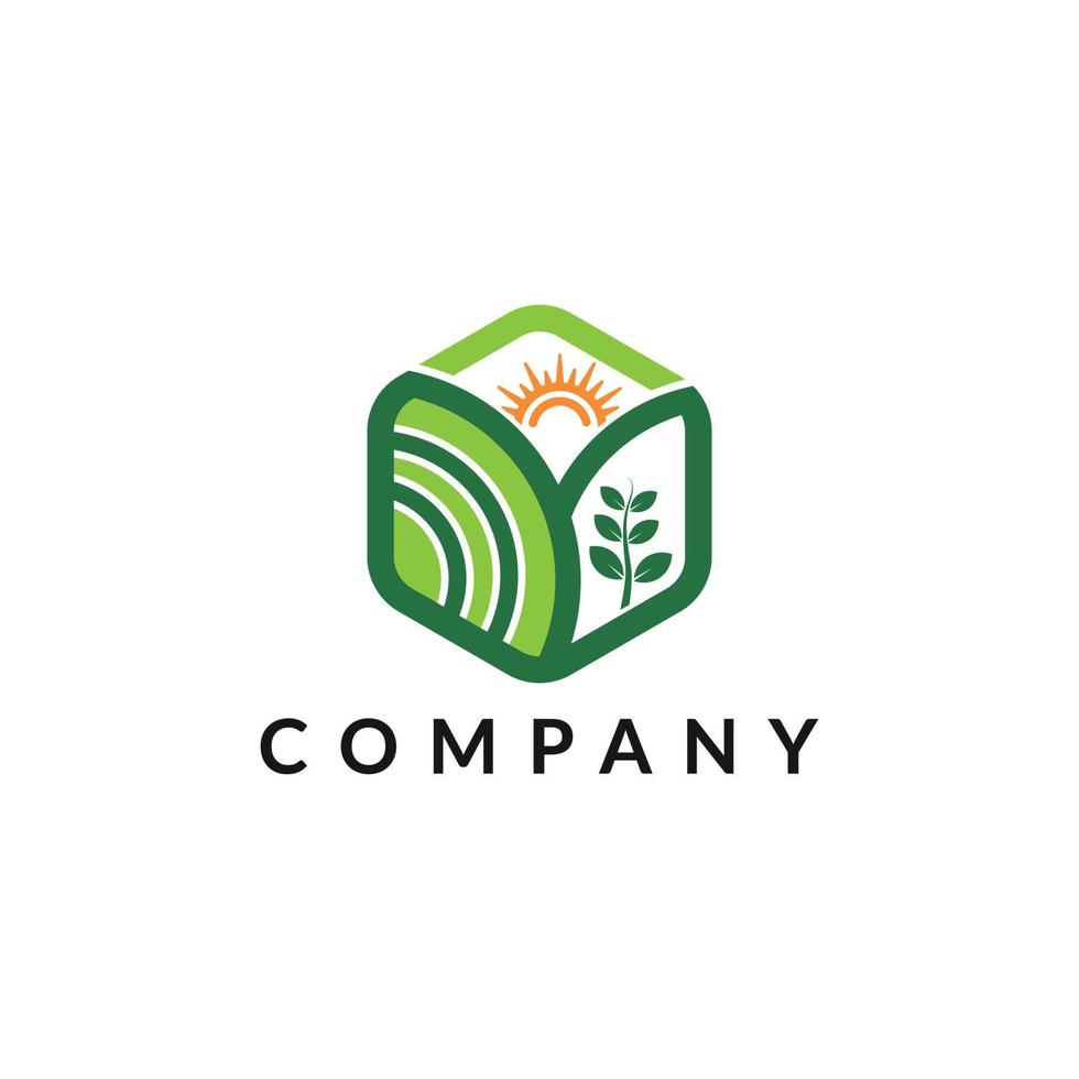 logo de croissance naturelle, agriculture moderne de plantes à feuilles vertes, croissance d'une ferme naturelle, logo de ferme, modèle de logo de produit biologique soleil et champ vert vecteur