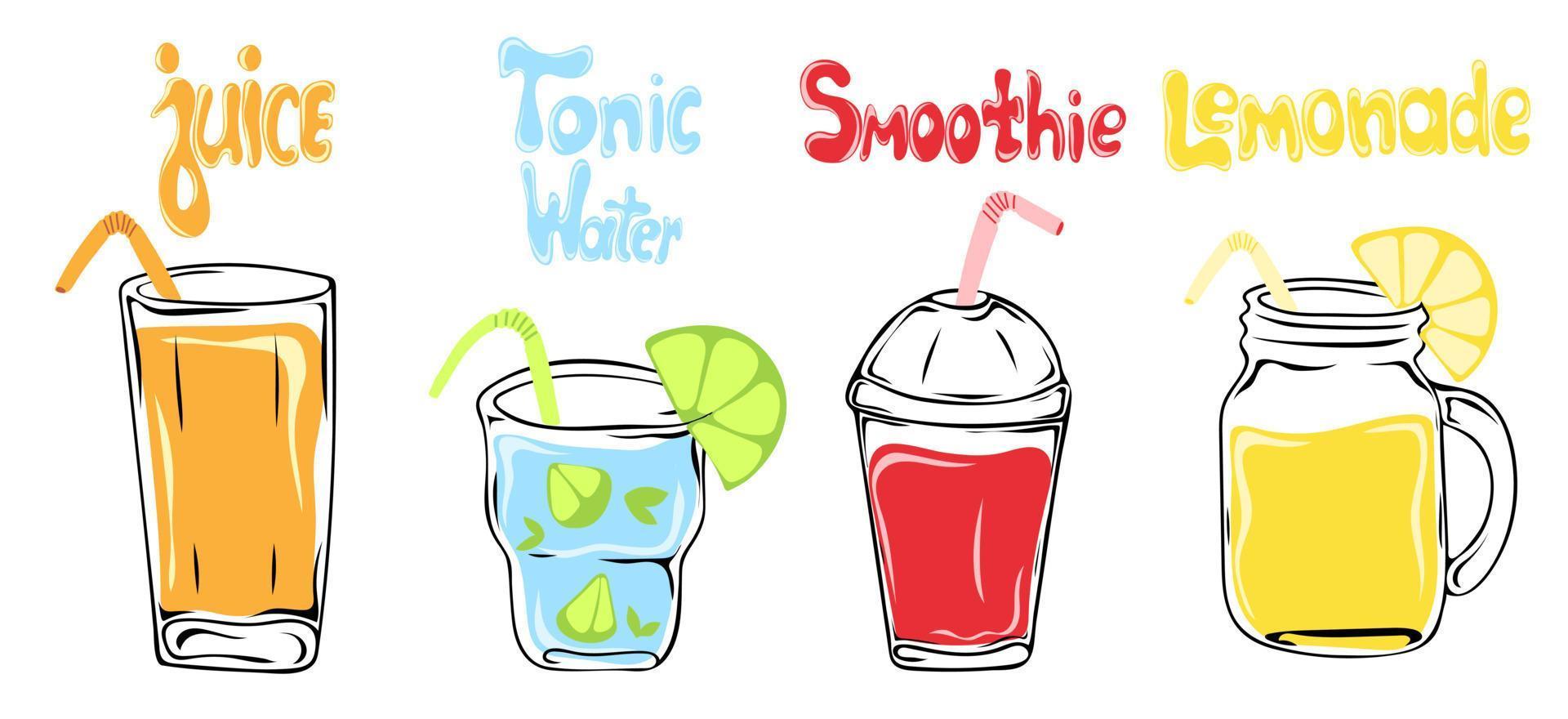 boissons rafraîchissantes non alcoolisées. ensemble de verres dessinés à la main d'eau tonique, de jus, de smoothie et de limonade vecteur