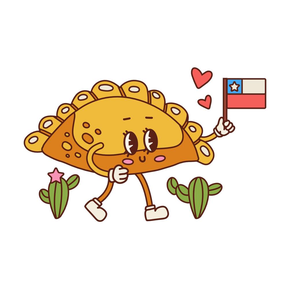 personnage de dessin animé rétro empanada avec le drapeau du chili. jolie mascotte de cuisine latino-américaine. illustration vectorielle de contour isolée sur blanc. vecteur