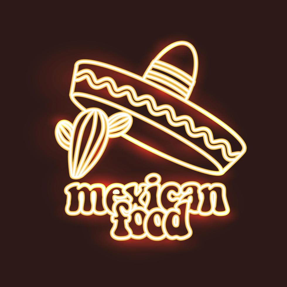 logo de style néon de cuisine mexicaine. enseigne au néon, modèle de conception avec test rétro, sombrero et cactus. bannière lumineuse, publicité nocturne, panneau d'affichage au néon. illustration vectorielle. vecteur