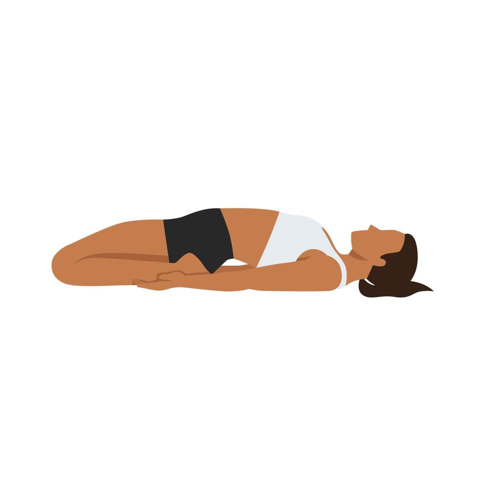 femme faisant du yoga, allongée dans un exercice de héros inclinable, pose de supta virasana, s'entraînant. illustration de vecteur plat isolé sur fond blanc