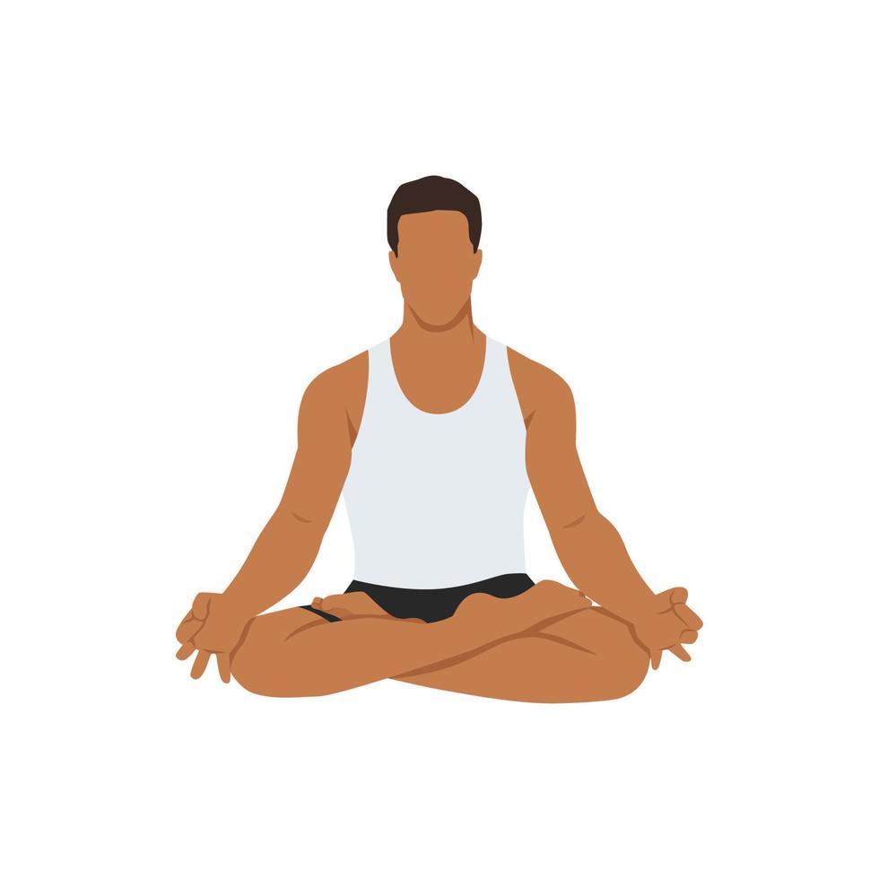 homme faisant la pose de lotus. le concept de mode de vie sain. icône pour le centre de yoga. posture d'étirement. posture relaxante et calme du lotus. illustration de vecteur plat isolé sur fond blanc