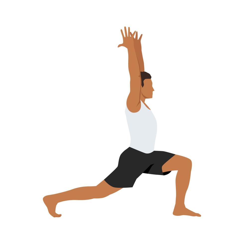 homme faisant guerrier je pose l'exercice virabhadrasana. illustration de vecteur plat isolé sur fond blanc