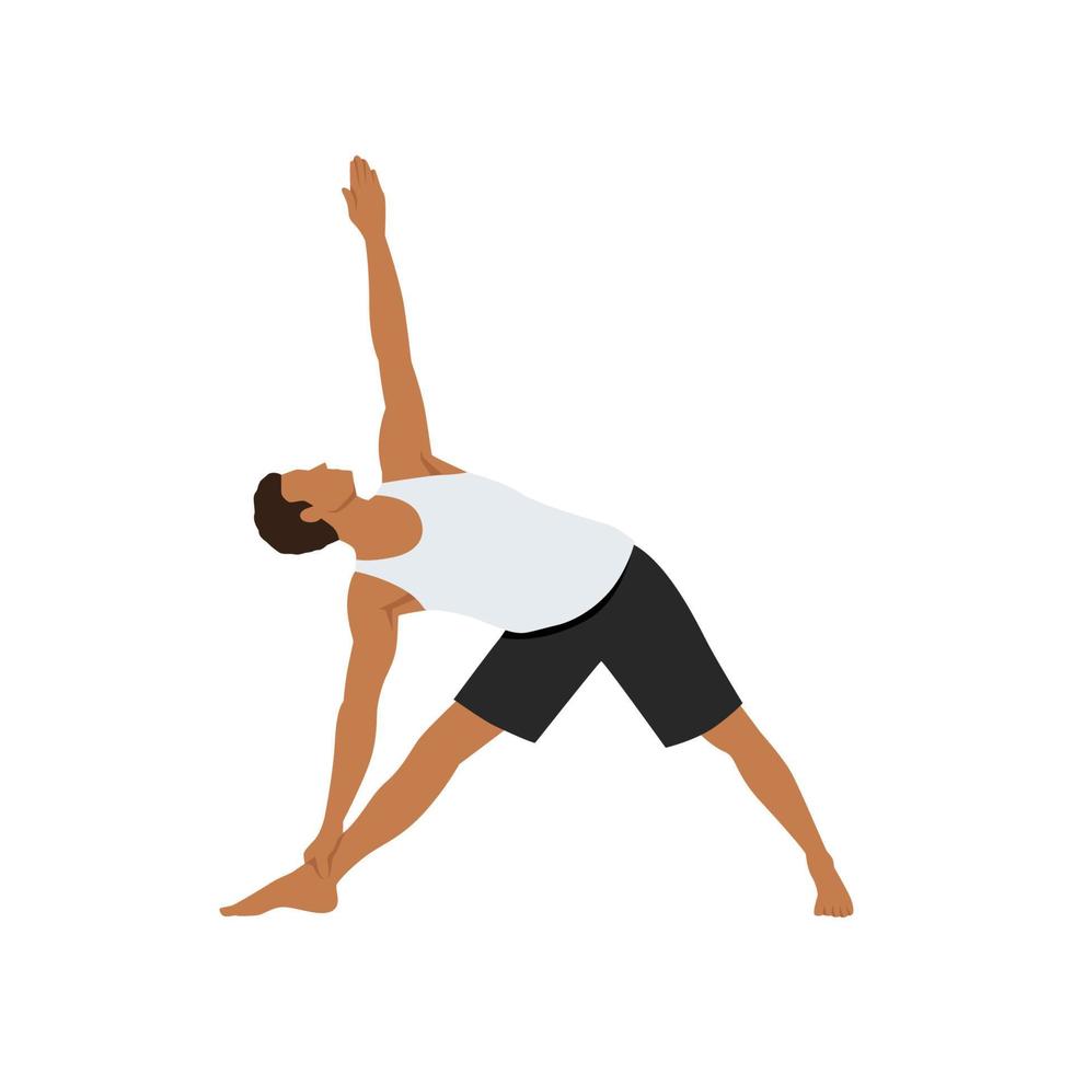 homme faisant une pose de triangle étendu ou un exercice d'utthita trikonasana. illustration de vecteur plat isolé sur fond blanc