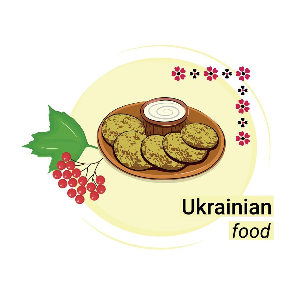 un plat de cuisine nationale ukrainienne, crêpes de pommes de terre à la crème sure sur une plaque d'argile, vecteur plat, isoler sur blanc, inscription nourriture ukrainienne, autocollant, broderie