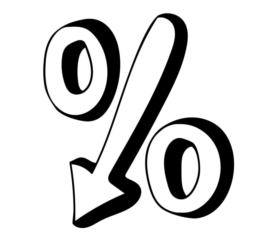 icône de pourcentage dessiné à la main avec flèche vers le bas dans le style doodle vecteur