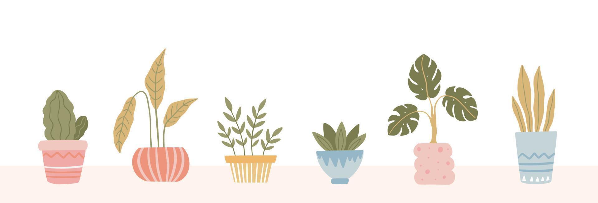 ensemble de plantes d'intérieur en pot de fleurs. plante d'intérieur dessinée à la main à la mode en pot. illustration vectorielle isolée sur fond blanc vecteur