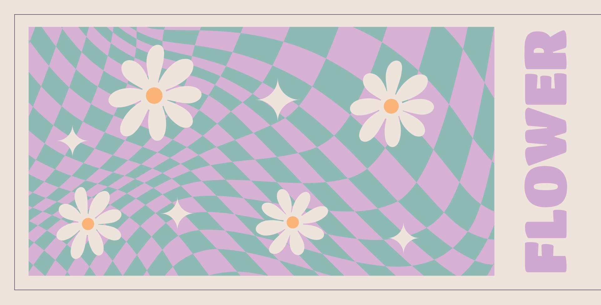 motif marguerite groovy tourbillon ondulé sur la couleur pourpre. style années 70, fond hippie, fond d'écran vague psychédélique. illustration vectorielle plane dessinée à la main vecteur