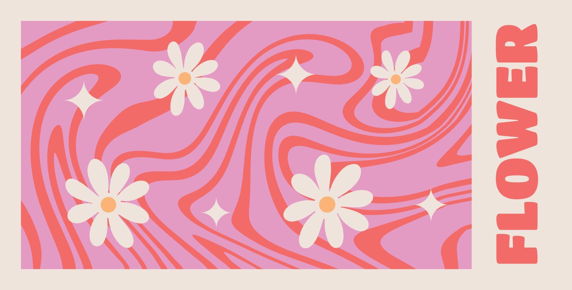 motif marguerite groovy tourbillon ondulé sur la couleur pourpre. style années 70, fond hippie, fond d'écran vague psychédélique. illustration vectorielle plane dessinée à la main vecteur