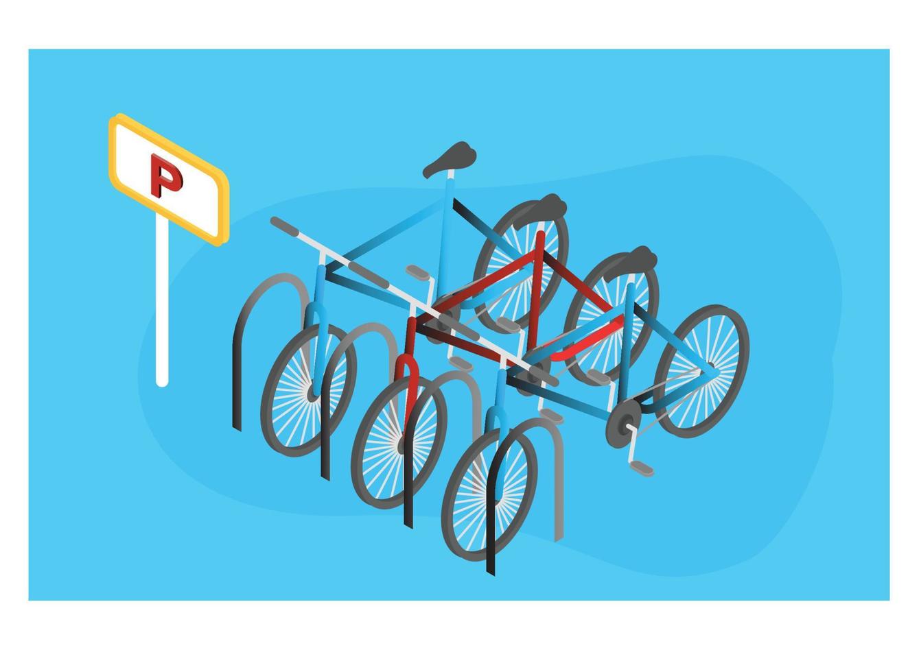 Isométrique 3d du stationnement des vélos sur l'autoroute avec panneau de stationnement vecteur
