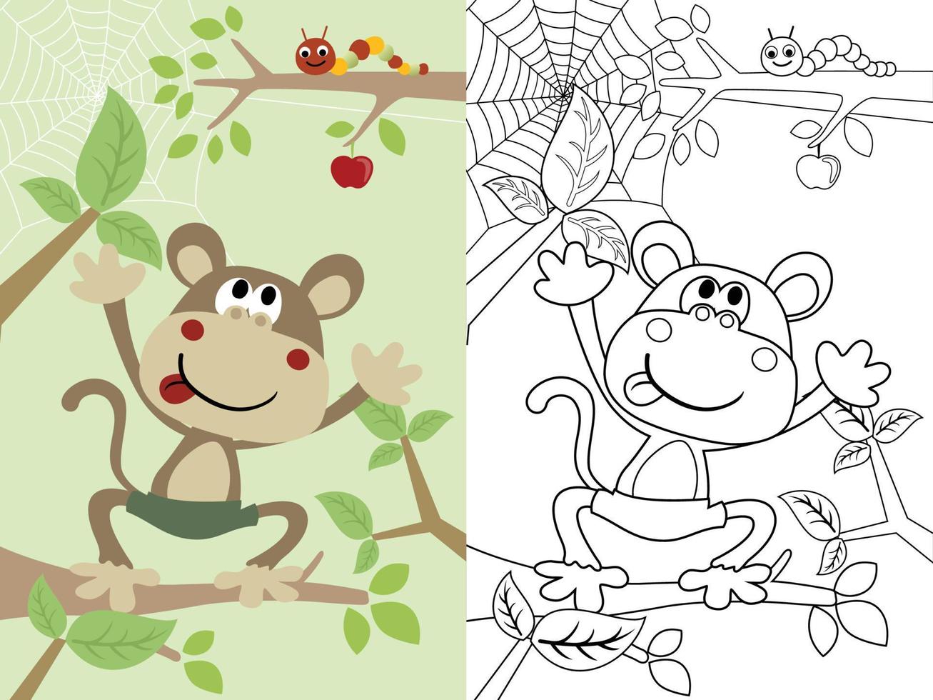 illustration vectorielle de dessin animé drôle de singe sur arbre avec chenille, livre de coloriage ou page vecteur