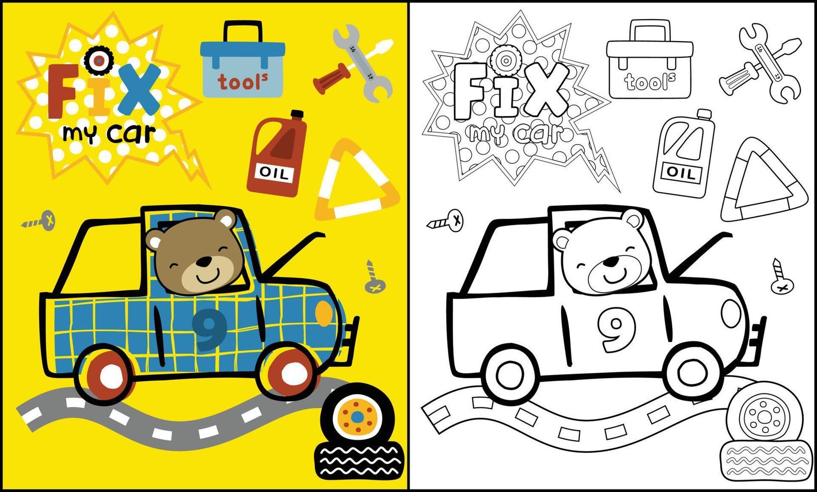 dessin animé drôle d'ours sur la voiture avec équipement de réparation, livre de coloriage ou page vecteur