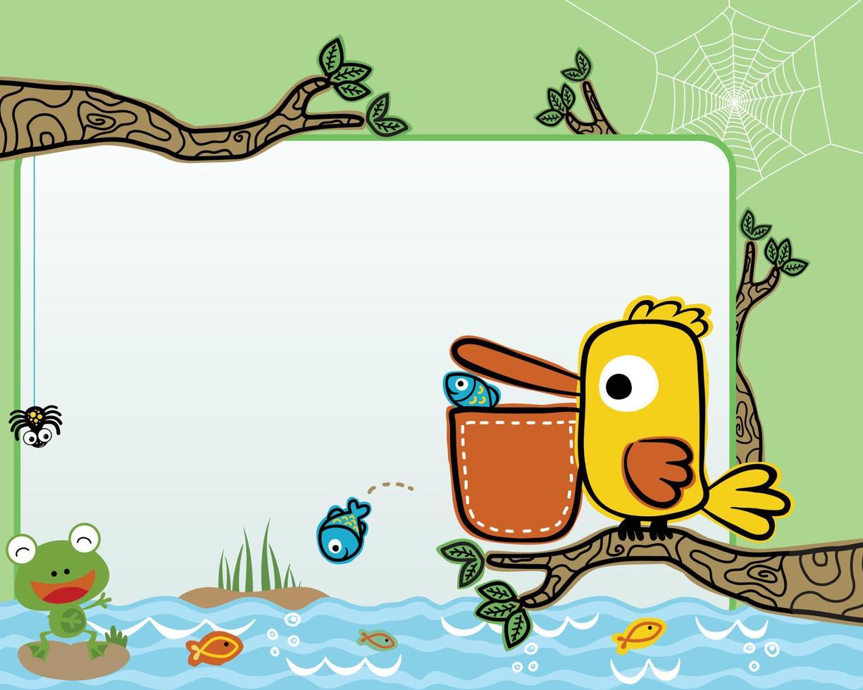 bordure de cadre de dessin animé de pélican sur des branches d'arbres attrapant des poissons, des grenouilles et des araignées, pour le modèle de carte d'invitation à la fête des enfants vecteur