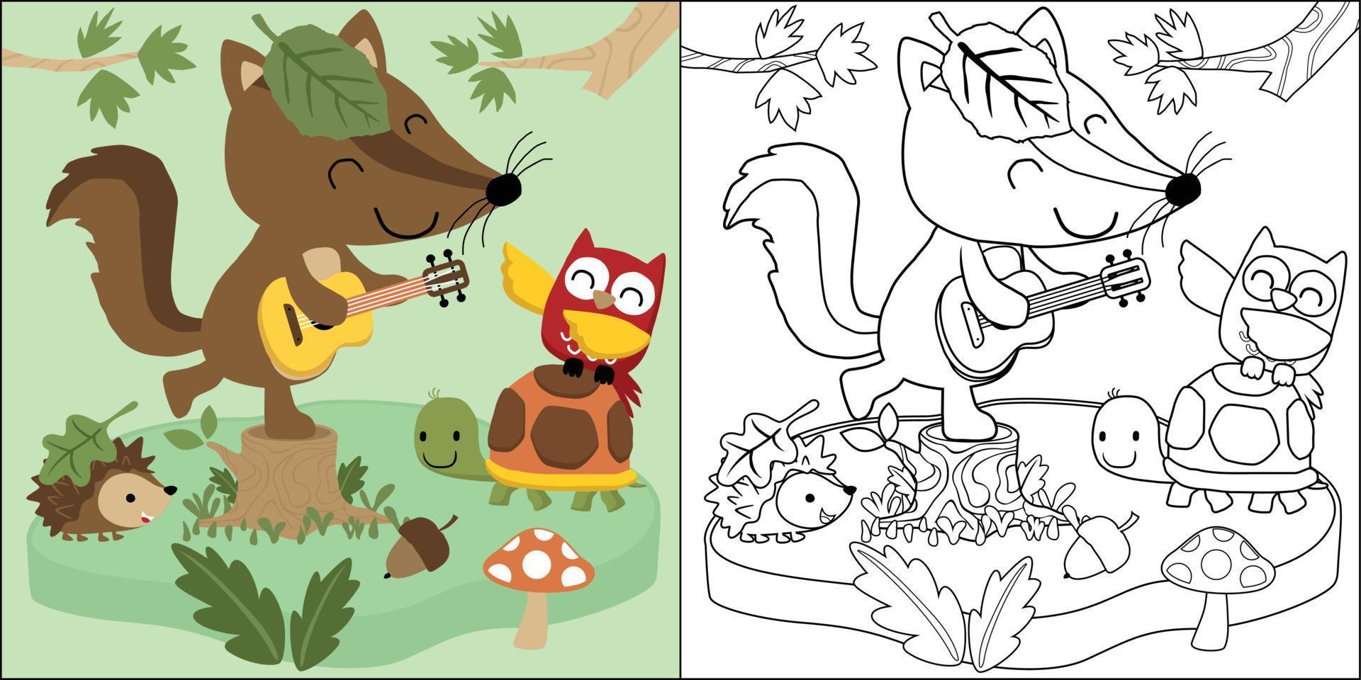dessin animé de vecteur d'animaux des bois dessin animé chantant ensemble, livre de coloriage ou page