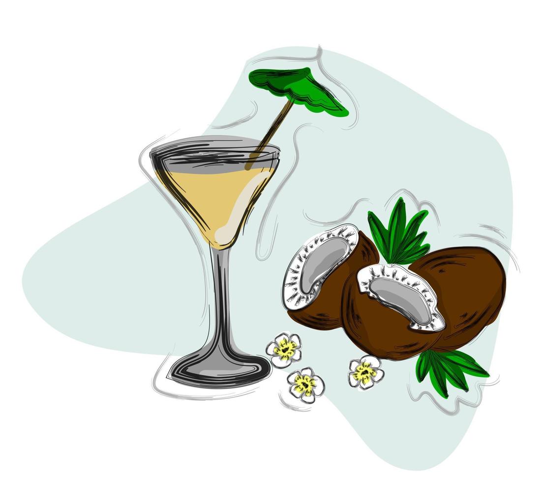 cocktail exotique dessiné à la main avec noix de coco. vecteur