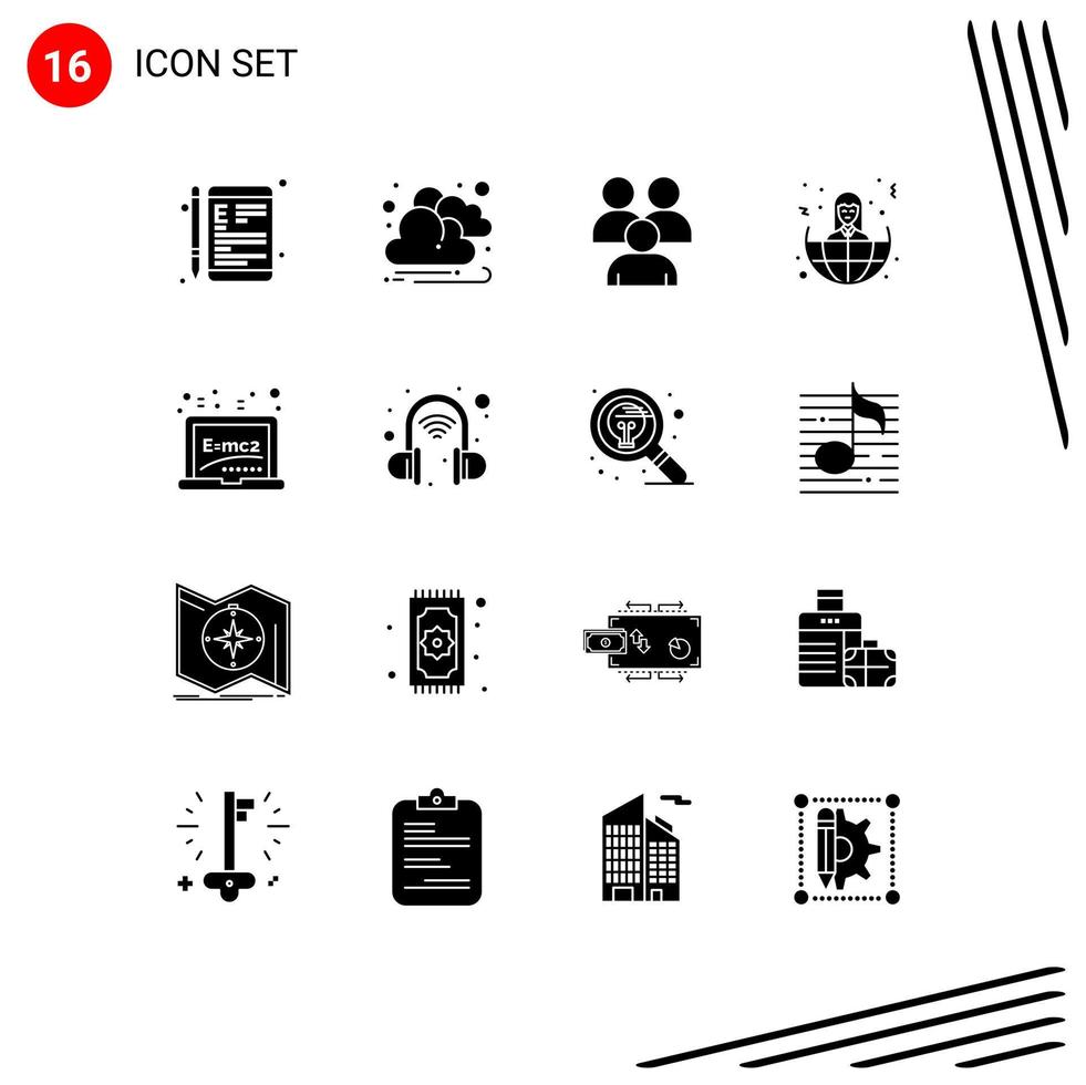 ensemble moderne de 16 pictogrammes de glyphes solides d'éléments de conception vectoriels modifiables du groupe mondial d'entreprises du soleil offshore vecteur