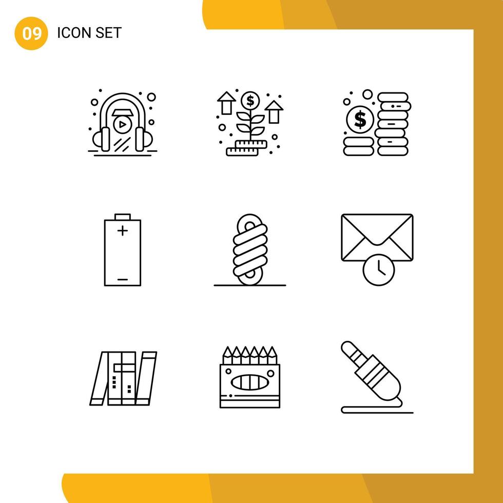 ensemble de pictogrammes de 9 contours simples d'éléments de conception vectoriels modifiables de batterie d'électricité de budget énergétique de printemps vecteur