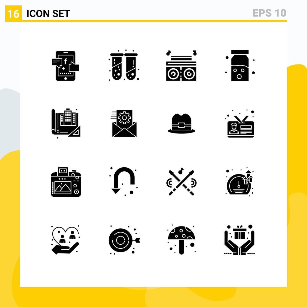 16 glyphes solides vectoriels thématiques et symboles modifiables d'éléments de conception vectoriels modifiables de musique de construction de plan directeur vecteur