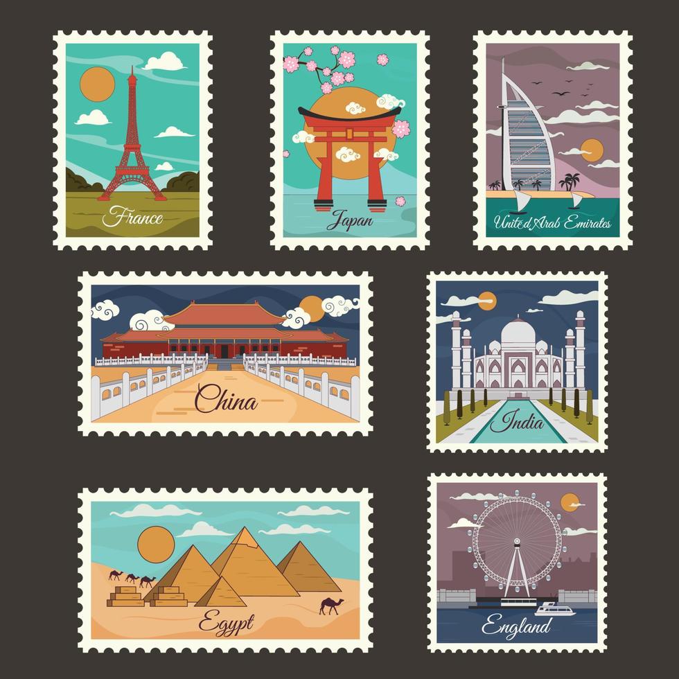 autocollant de timbre de voyage avec repère de dessin animé dans sept pays différents vecteur