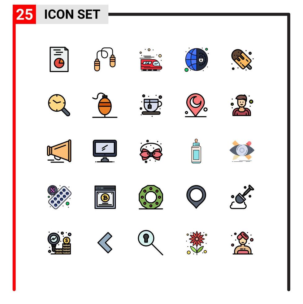 interface mobile ligne remplie couleur plate ensemble de 25 pictogrammes d'éléments de conception vectoriels modifiables de sécurité de train de dessert de popsicle vecteur