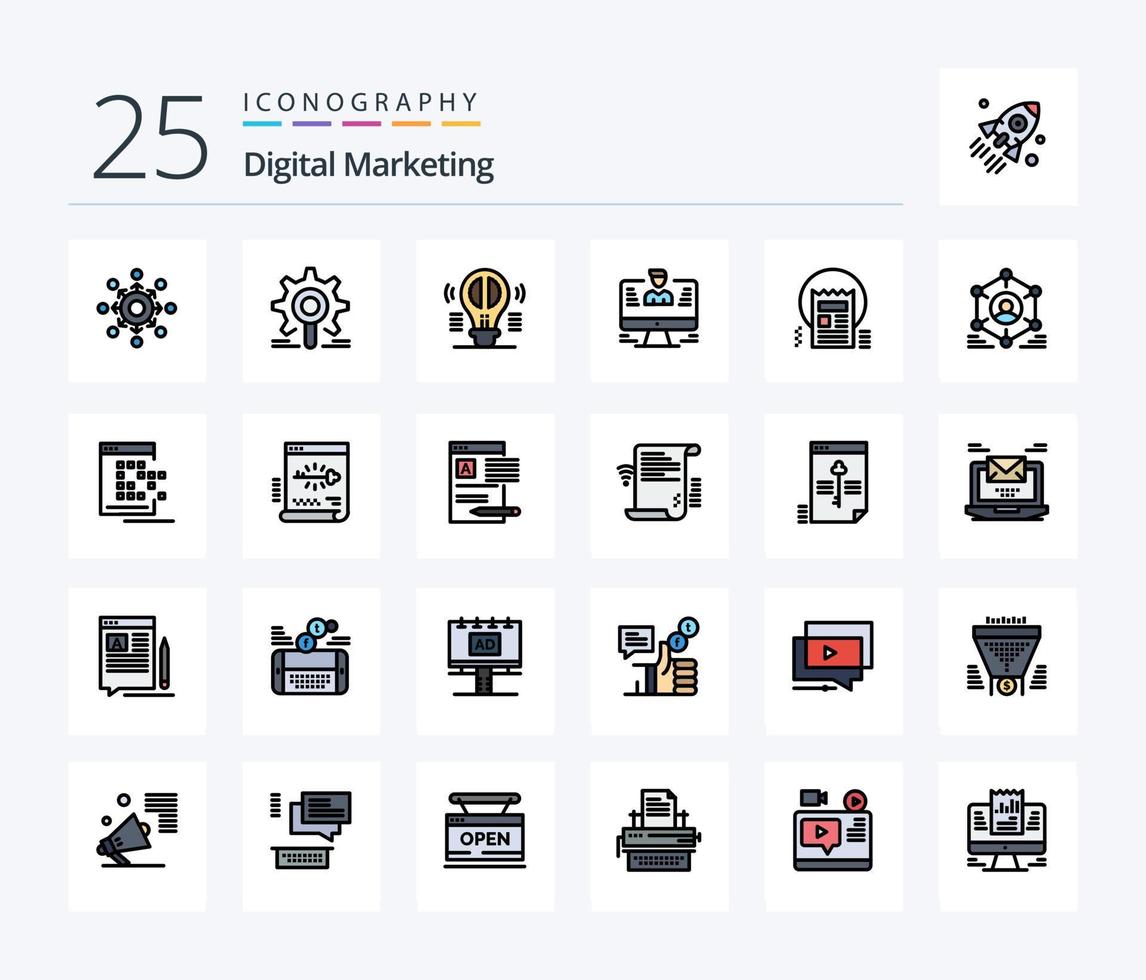 pack d'icônes rempli de 25 lignes de marketing numérique, y compris les données. utilisateur. rechercher. en pensant. la pensée créative vecteur
