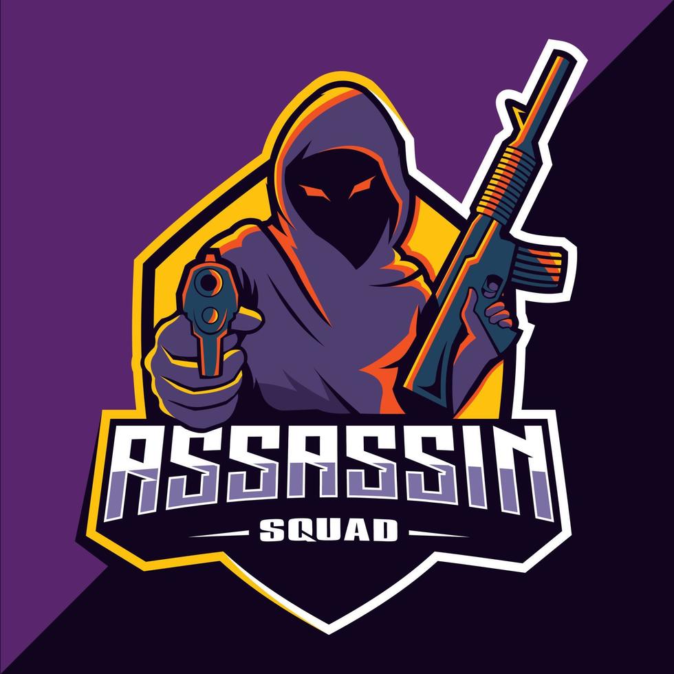 assassin avec mascotte d'armes à feu création de logo esport vecteur