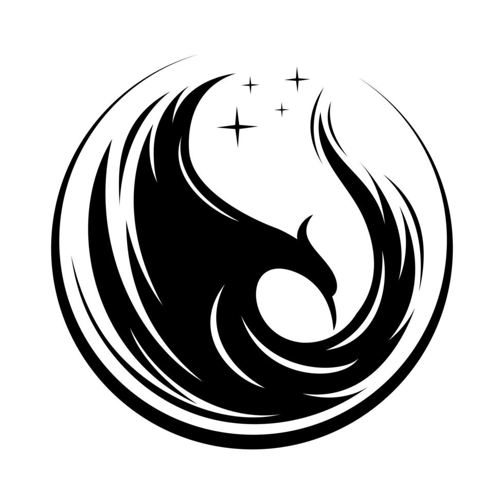 silhouette abstraite logo phoenix circulaire entre les demi-cercles avec de petites étoiles vecteur