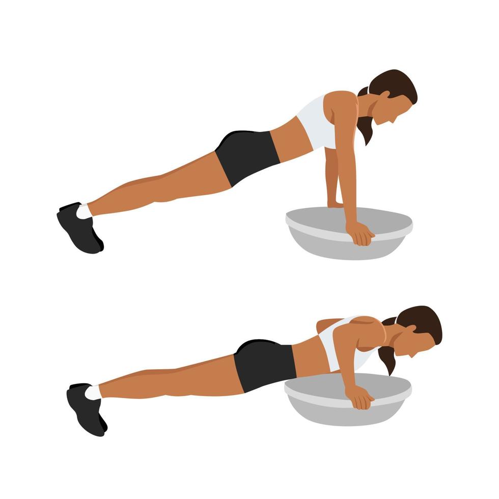 femme faisant de l'exercice bosu ball push ups. illustration de vecteur plat isolé sur fond blanc