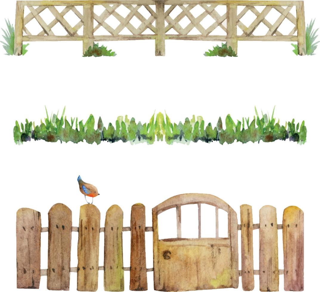 clôture en bois de campagne dessinée à la main à l'aquarelle, herbe de prairie, porte et un oiseau, isolé sur fond blanc. modèle de conception pour cartes, sacs-cadeaux, invitations, textile, impression, papier peint, pour enfants vecteur