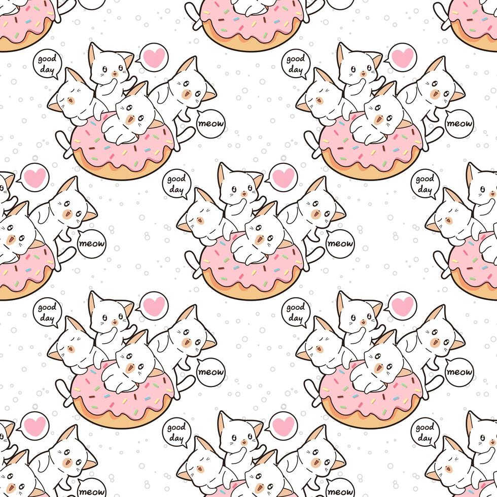 personnage de chat kawaii sans couture avec motif de beignet rose vecteur