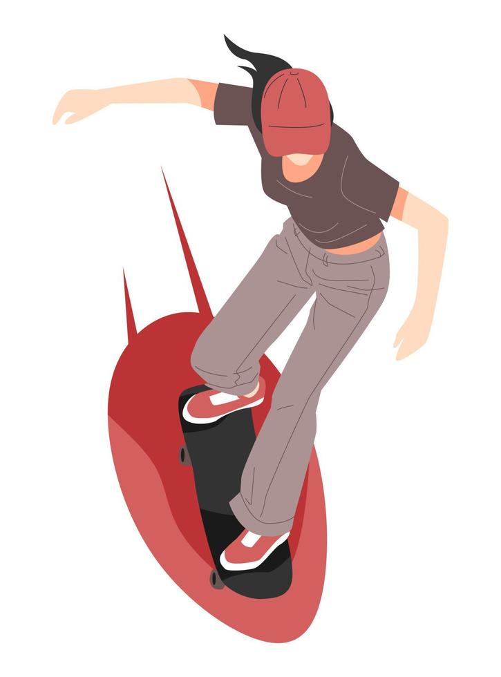 adolescente portant un chapeau jouant au skateboard. jeunesse, activité, jeu, passe-temps, style de vie. pour l'impression, les autocollants, etc. illustration vectorielle plane. vecteur
