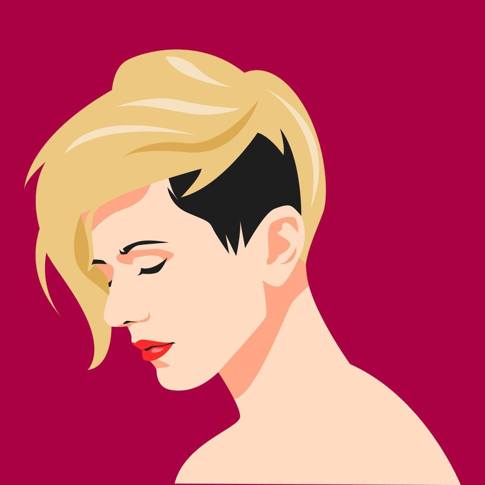 portrait d'une vue latérale du visage d'une belle femme. cheveux courts blonds. avatar pour les réseaux sociaux. coloré. pour le profil, le modèle, l'impression, l'autocollant, l'affiche, etc. illustration vectorielle plane vecteur