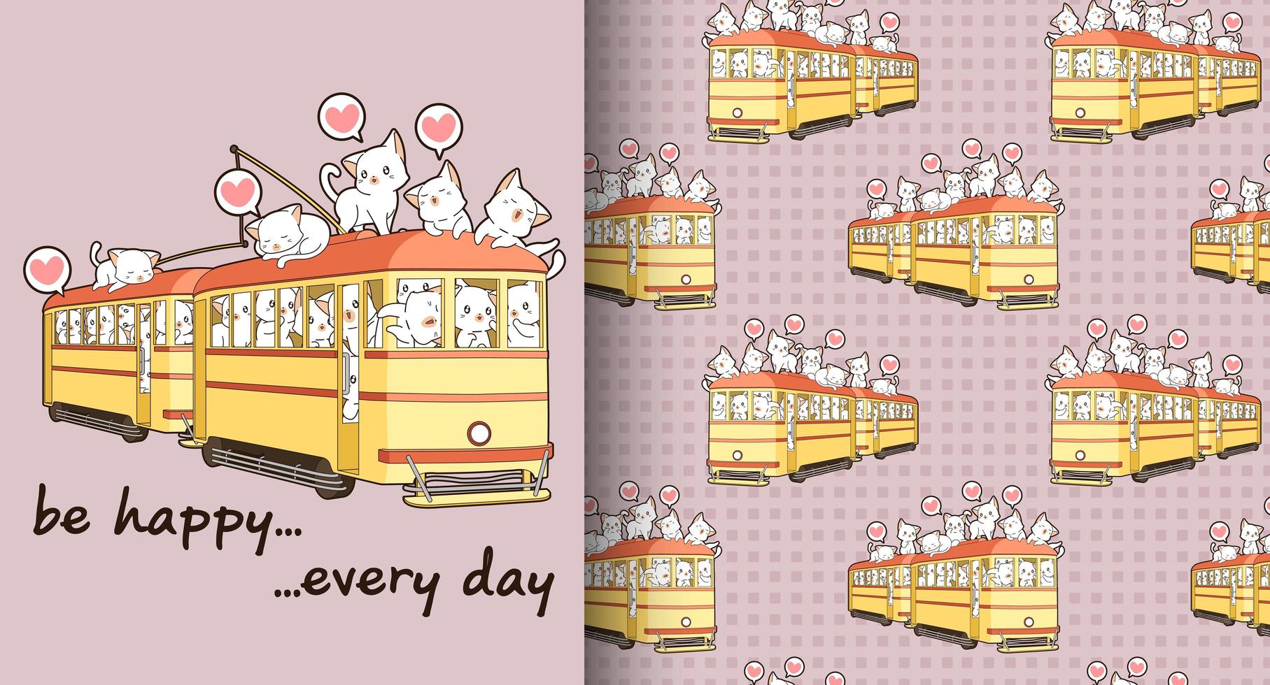 Personnages de chat kawaii sans couture dans le modèle de tramway vintage vecteur