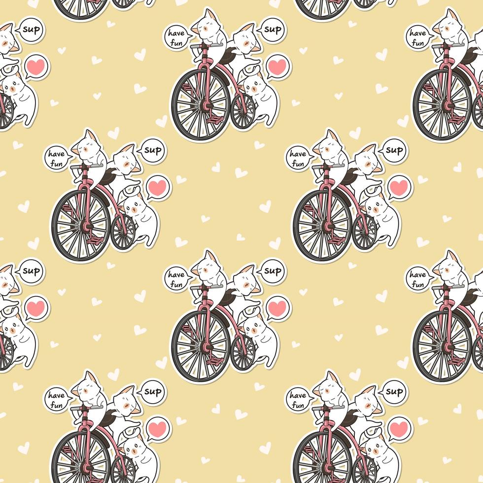 chats kawaii sans couture avec motif vélo vintage vecteur