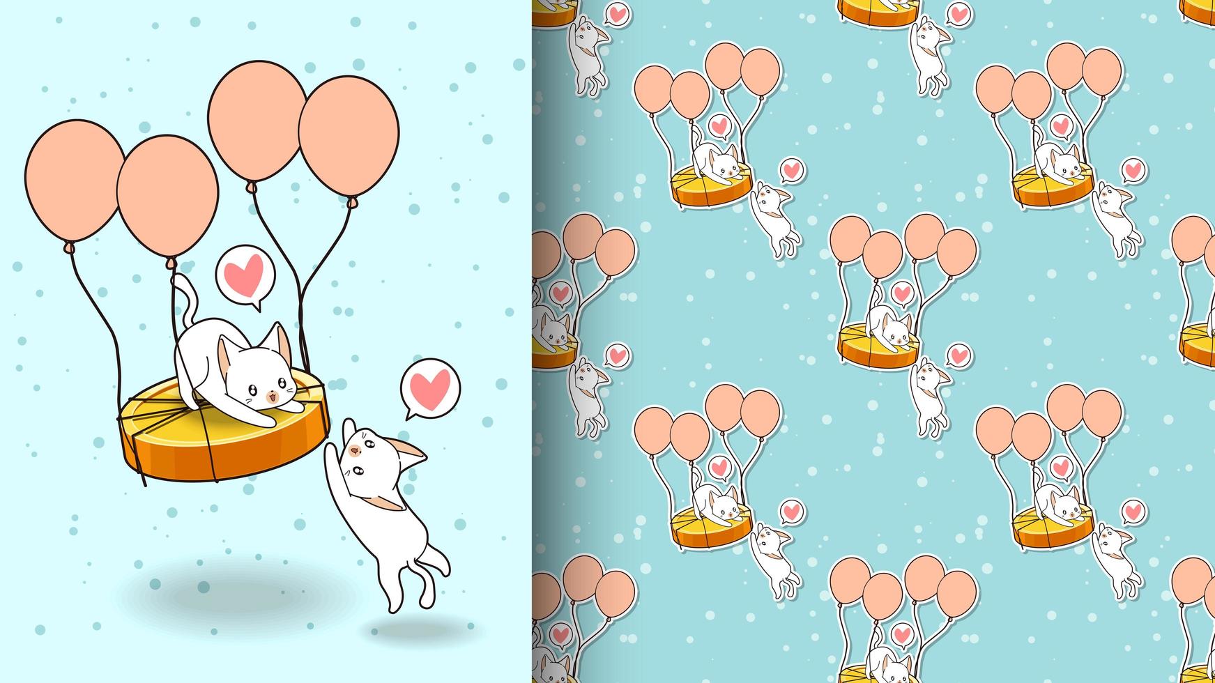 adorable chat volant sur pièce d'or avec motif de ballons vecteur