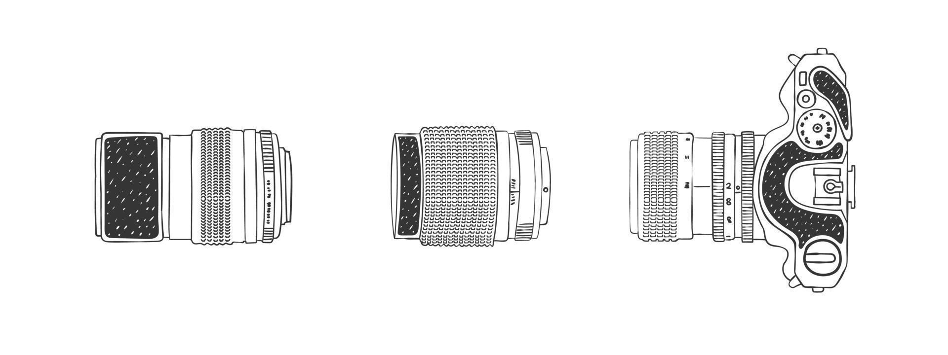 caméra et vue de dessus à deux objectifs. croquis de la caméra et de l'objectif. image dessinée à la main. illustration vectorielle vecteur
