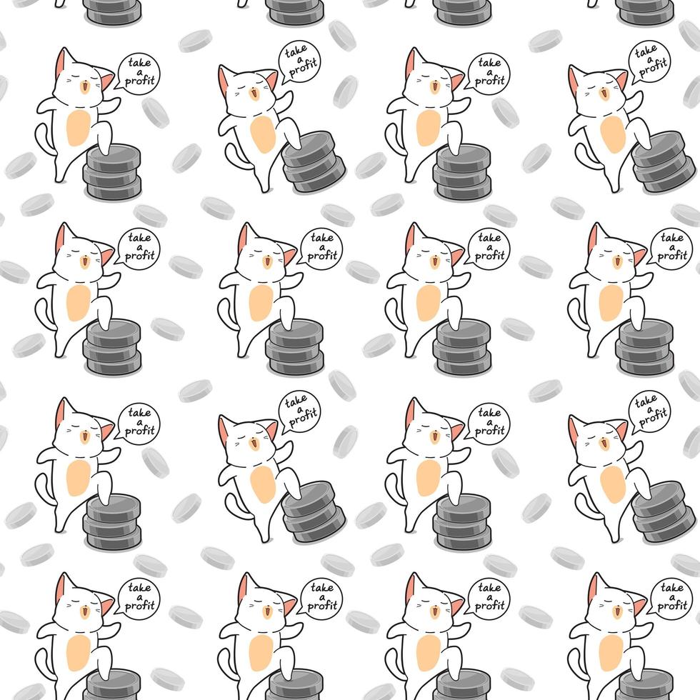 Chat kawaii sans soudure heureux avec motif de pièces d'argent vecteur