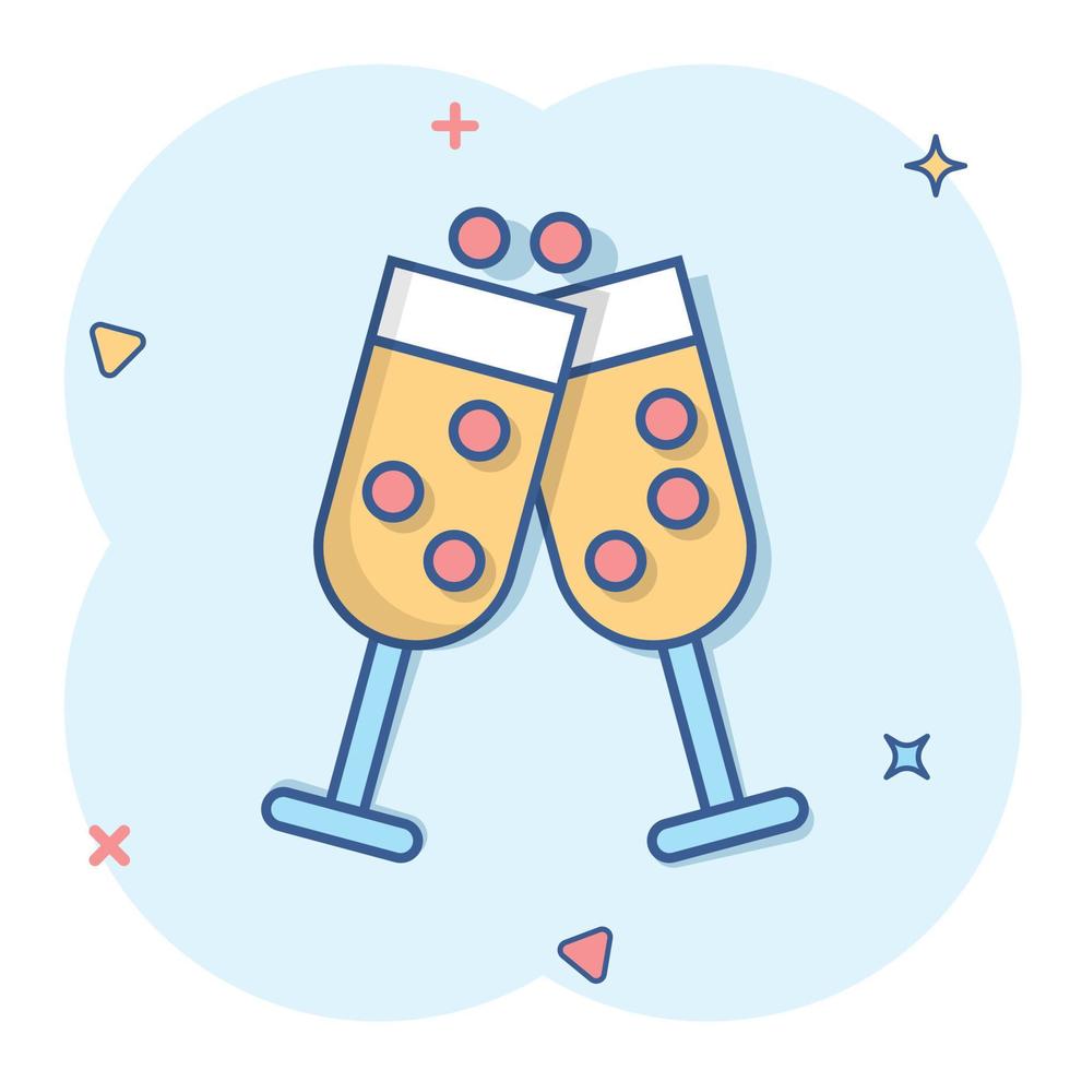 icône de verre de champagne dans le style comique. illustration de dessin animé de vecteur de boisson alcoolisée sur fond blanc isolé. concept d'entreprise effet splash cocktail.