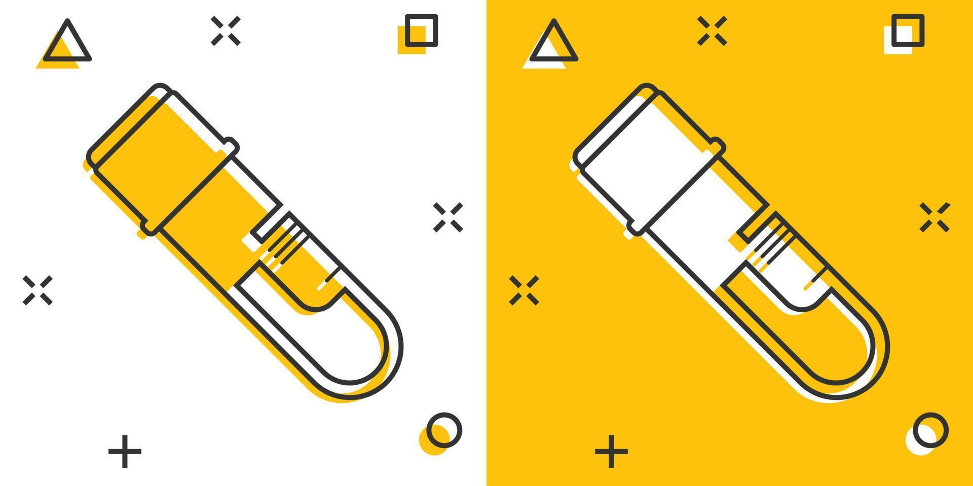 sang dans l'icône du tube à essai dans le style comique. illustration de vecteur de dessin animé de flacon de laboratoire sur fond isolé. liquide dans le concept d'entreprise de signe d'effet d'éclaboussure de bécher.