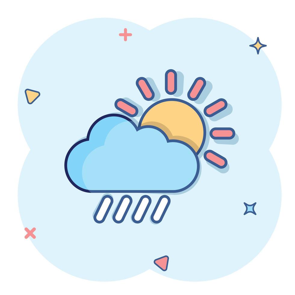 icône météo dans le style comique. illustration de vecteur de dessin animé soleil, nuage et pluie sur fond blanc isolé. concept d'entreprise de signe d'effet d'éclaboussure de météorologie.