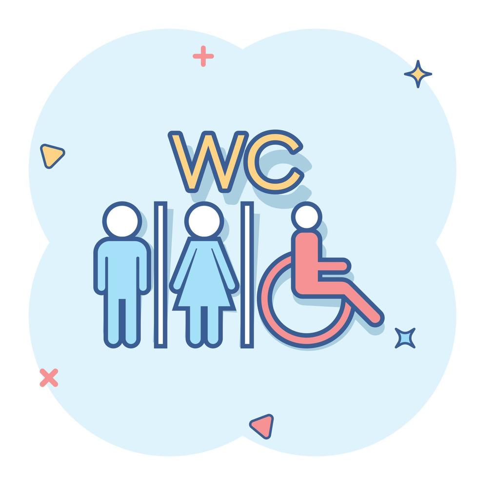 wc de dessin animé de vecteur, icône de toilette dans le style comique. pictogramme d'illustration de signe de toilettes hommes et femmes. concept d'effet d'éclaboussure d'entreprise wc. vecteur