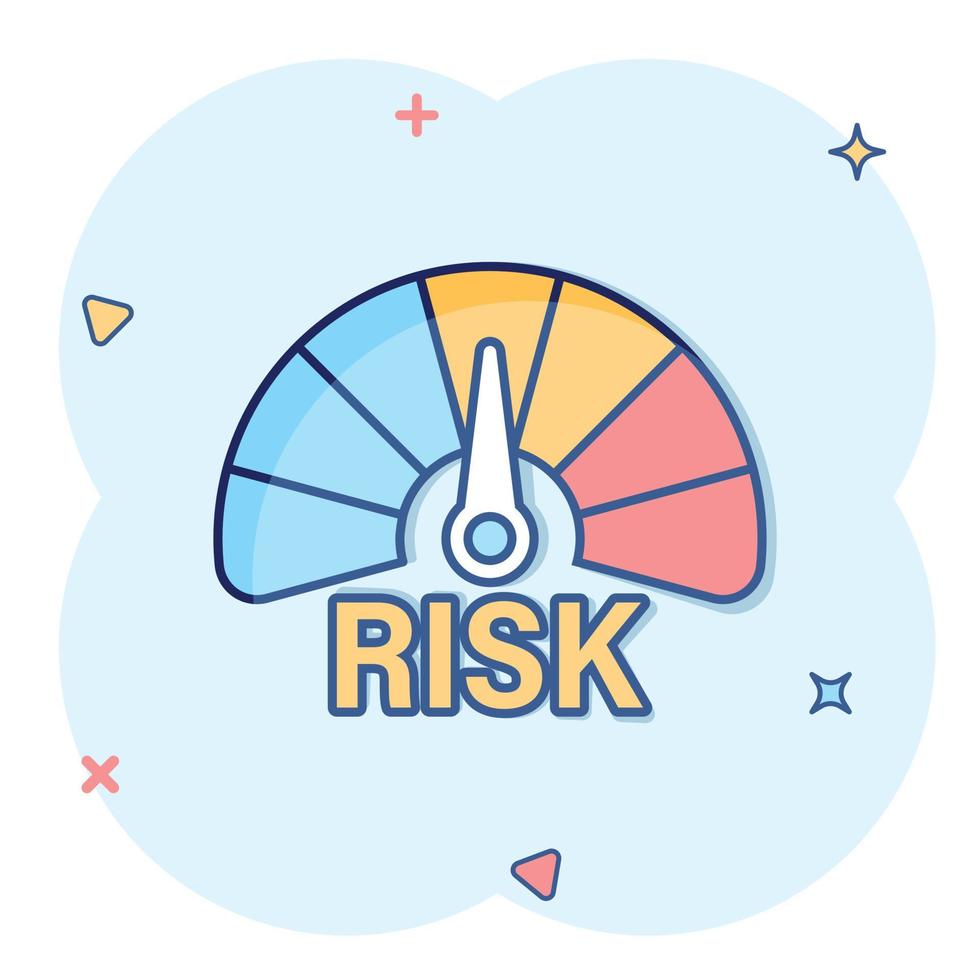 icône de compteur de risque dans le style comique. illustration de vecteur de dessin animé d'indicateur de notation sur fond blanc isolé. concept d'entreprise d'effet d'éclaboussure de signe de niveau de carburant.
