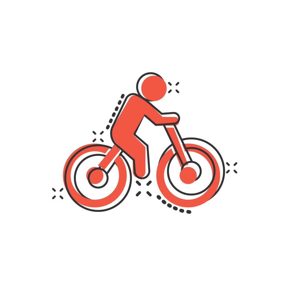 icône de vélo dans le style comique. vélo avec illustration de vecteur de dessin animé de personnes sur fond blanc isolé. concept d'entreprise d'effet d'éclaboussure de cavalier.