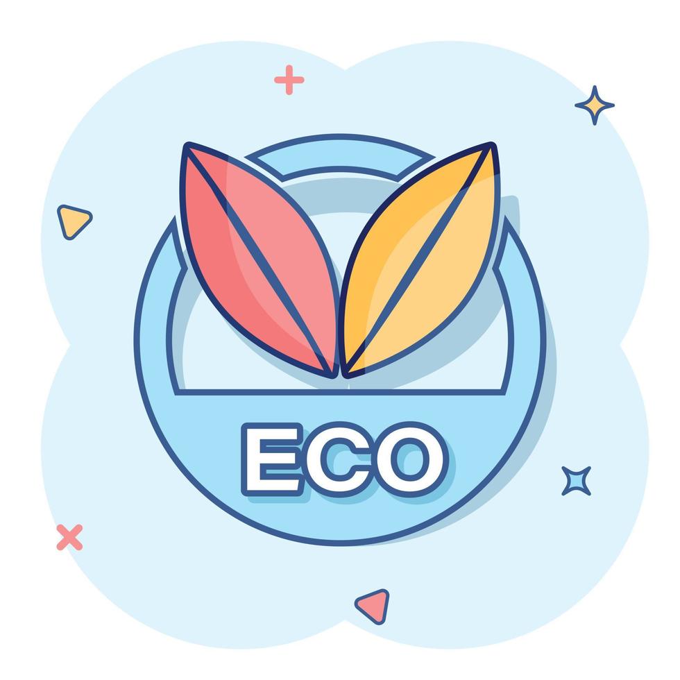 icône d'insigne d'étiquette écologique de dessin animé de vecteur dans le style comique. pictogramme d'illustration de concept de timbre de produit biologique. concept d'effet d'éclaboussure d'entreprise d'aliments naturels éco.