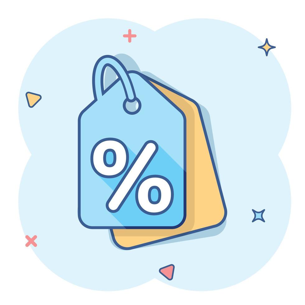 icône de balise de magasinage de remise de dessin animé de vecteur dans le style comique. pictogramme d'illustration de concept de coupon de pourcentage de réduction. concept d'effet d'éclaboussure de badge de boutique.